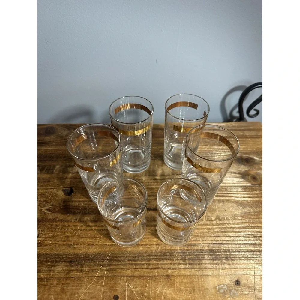 Vintage MCM Tumbler Water Juice Glass with Gold Band Set 2- 3.5